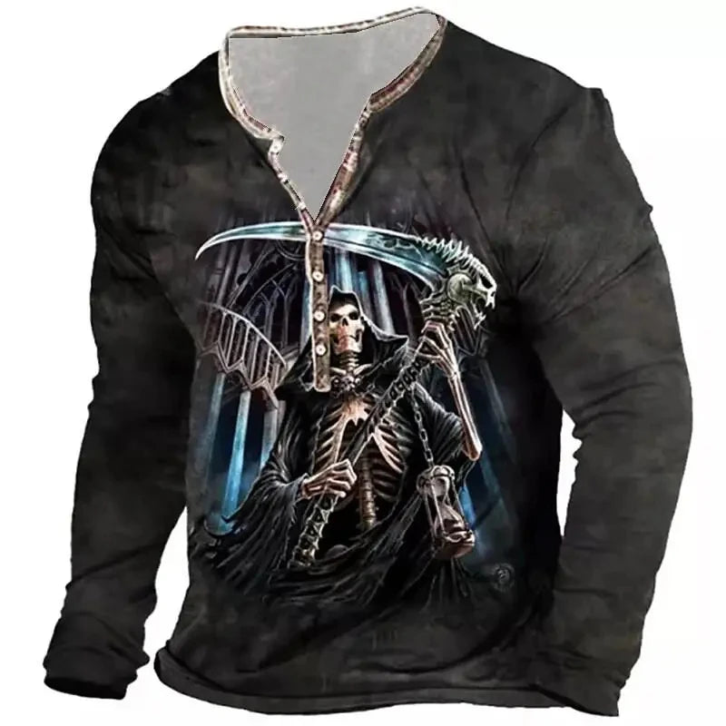 Autumn Skull Henley Shirt 3D Print Streetwear Men's Fashion Vintage Long Sleeve Button T Shirt Men's T Shirt Tops Clothing