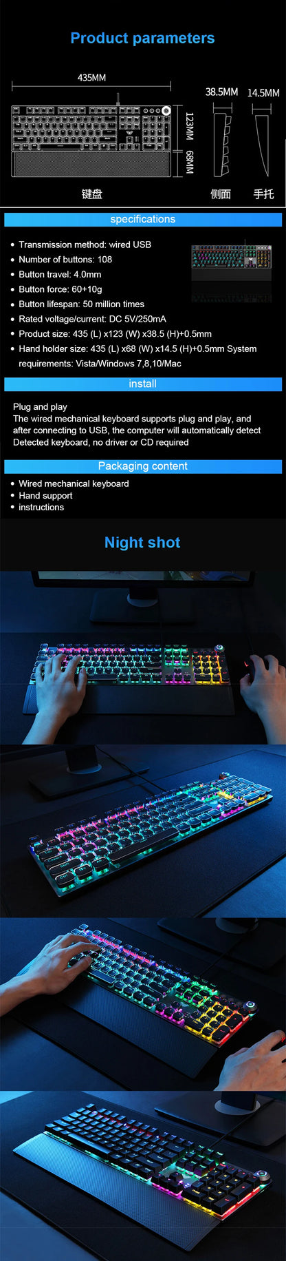 AULA F2088 mechanische kabelgebundene Gaming-Tastatur mit Multifunktions-Drehregler, 104 Tasten, magischer Hintergrundbeleuchtung und Makroprogrammierung für Computer