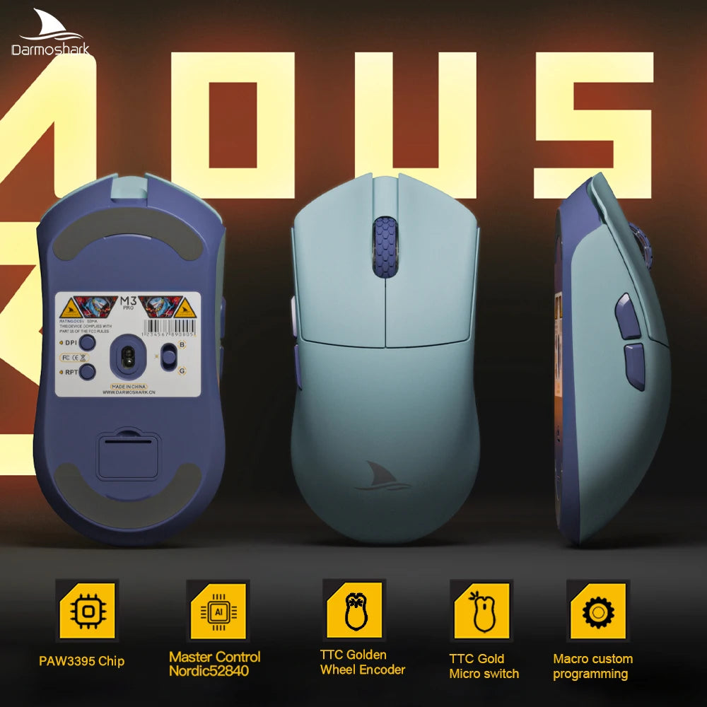 Rato Gaming Darmoshark M3Pro 2.4G BT sem fios Tri-Mode, sensor PAW3395, N52840, 26000DPI, rato com driver macro para mãos grandes e gaming
