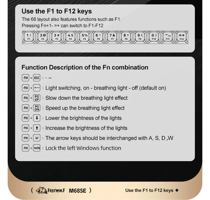 FREEWOLF M68SE Tastatur mit mechanischem Tippgefühl, 68 Tasten, Mini, kabelgebunden, kompakt und leise, für Laptops, Gaming und Bürogebrauch