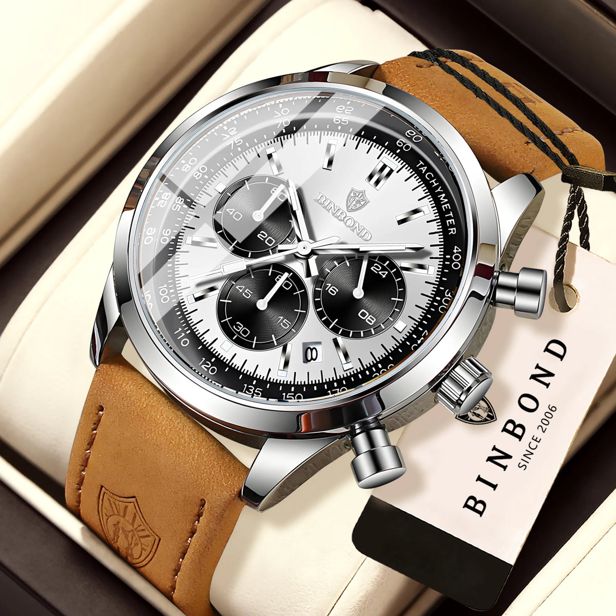 Robuste und präzise BINBOND-Quarz-Chronographenuhr für Herren, luxuriös, mit automatischer Datumsanzeige, Leuchtzeiger und wasserdicht, im lässigen Stil.