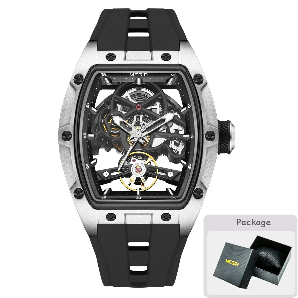 MEGIR MG-2242G Men’s Automatic Mechanical Watch  Skeleton Barrel Case, Luminous Hands & Silicone Strap