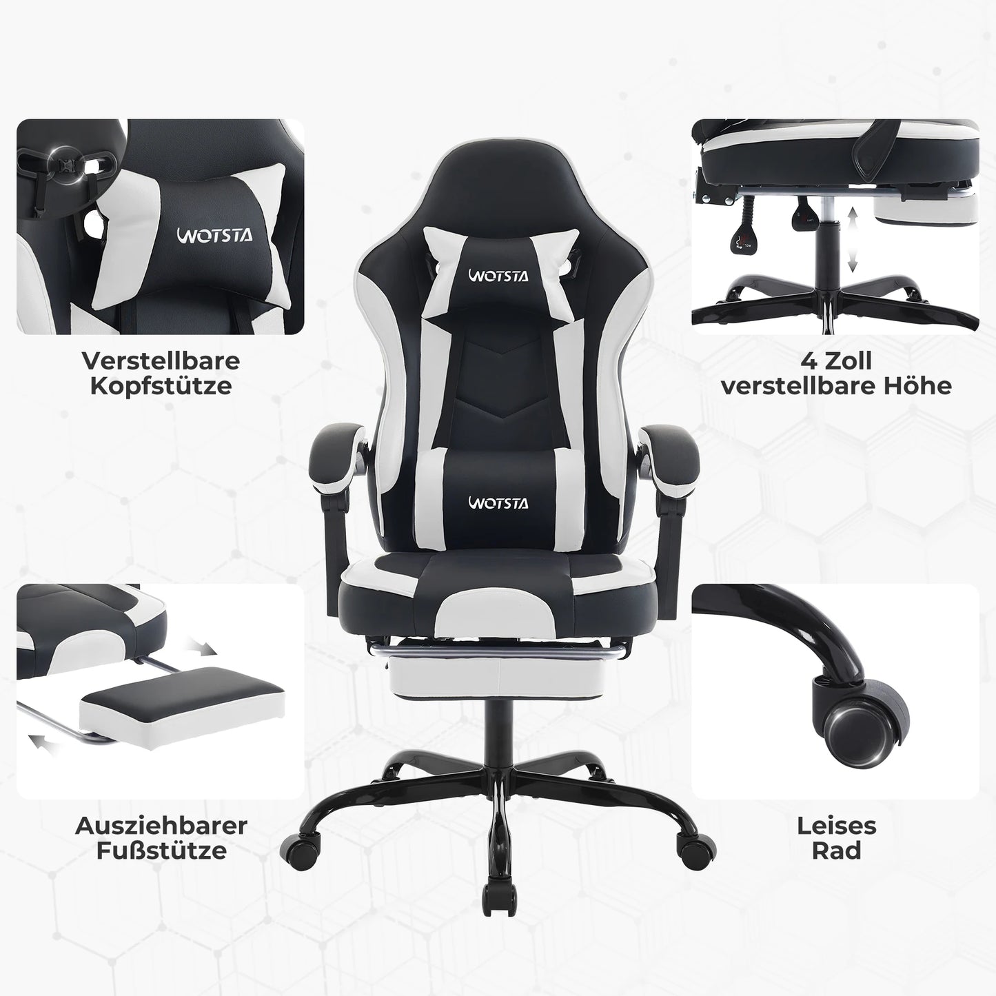 Cadeira Gaming WOTSTA com Apoio para Pés, Cadeira Gamer Ergonómica com Almofada Lombar, Apoio de Cabeça e Altura Ajustável para Computador
