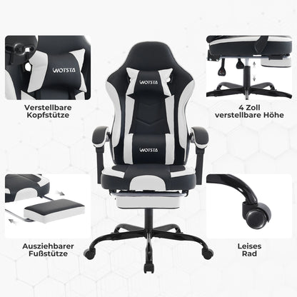 Cadeira Gaming WOTSTA com Apoio para Pés, Cadeira Gamer Ergonómica com Almofada Lombar, Apoio de Cabeça e Altura Ajustável para Computador