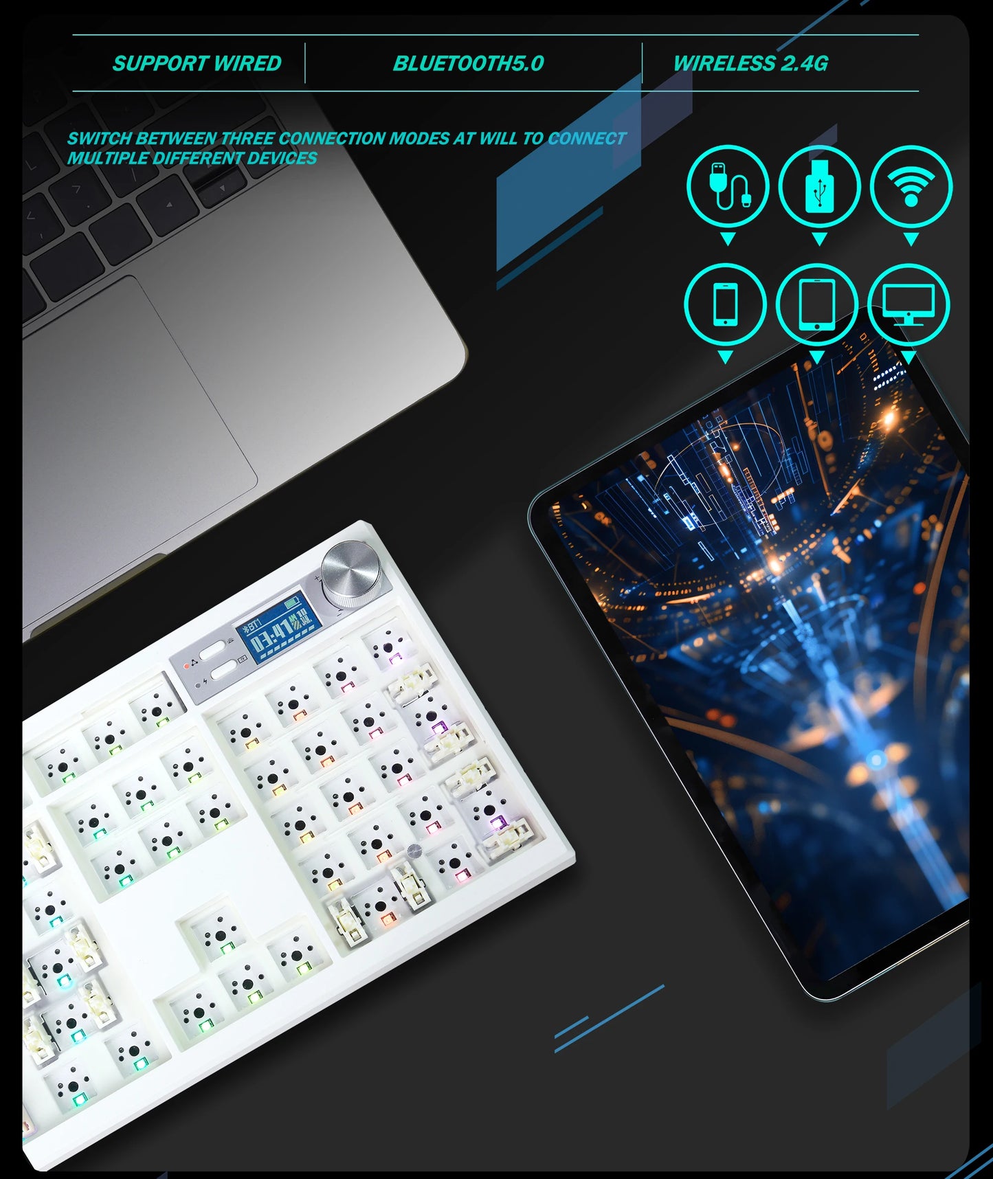 GMK104 Mechanisches Tastatur-Kit, Drei-Modi-Gaming-Tastatur, Hot-Swap, Hintergrundbeleuchtung, Gasket-Struktur, VIA mit Display