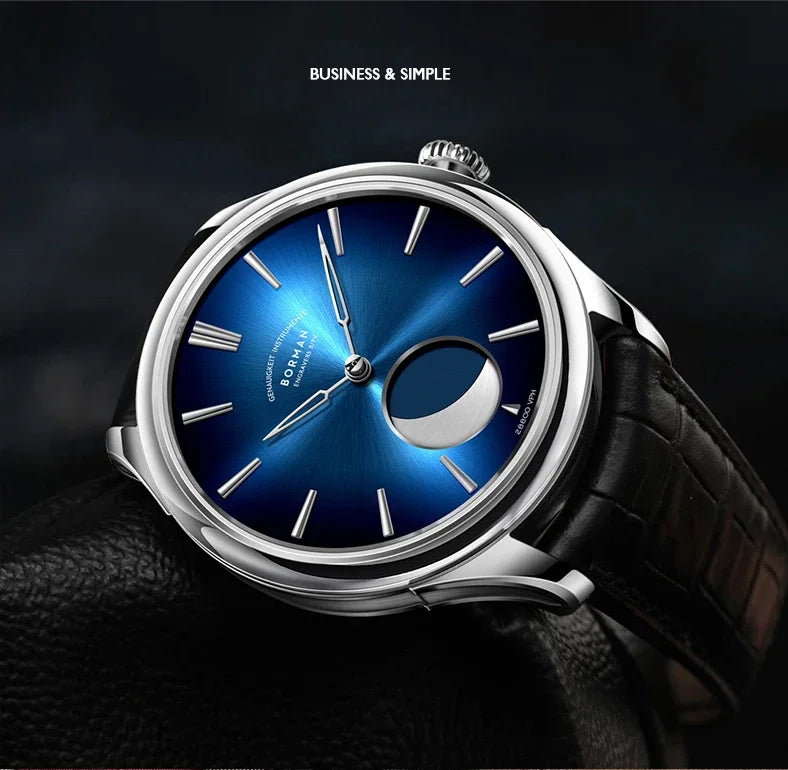 Borman Men's Automatic Watches, Luxury Moon Phase Mechanical Wristwatch, Fashionable 50M Waterproof with Sapphire Leather Strap
