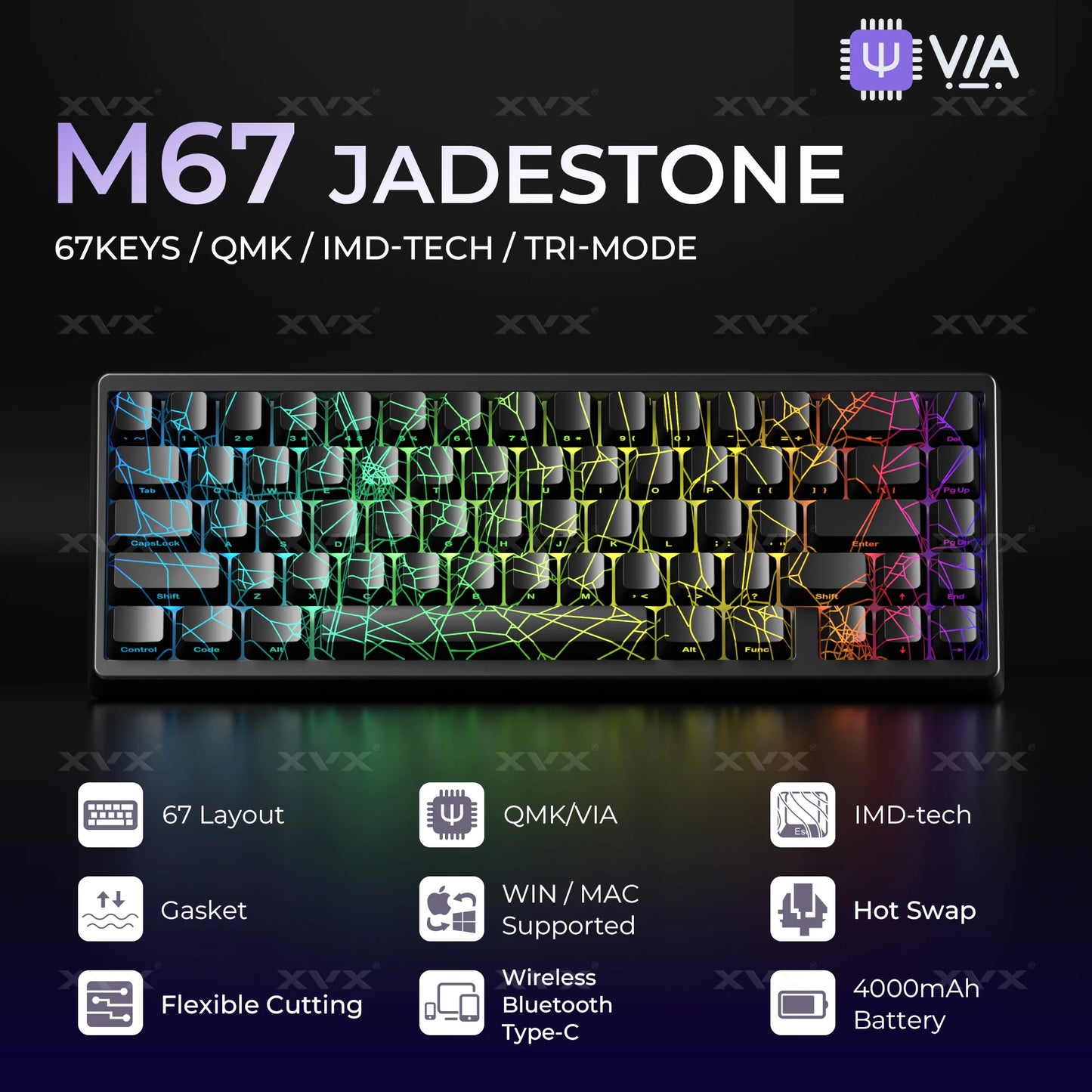 XVX Spider Web Keyboard M67 JadeStone mit IMD-Tech-Tastenkappen, Tri-Mode-Verbindung, individueller RGB-Hintergrundbeleuchtung, Tastatur 60%