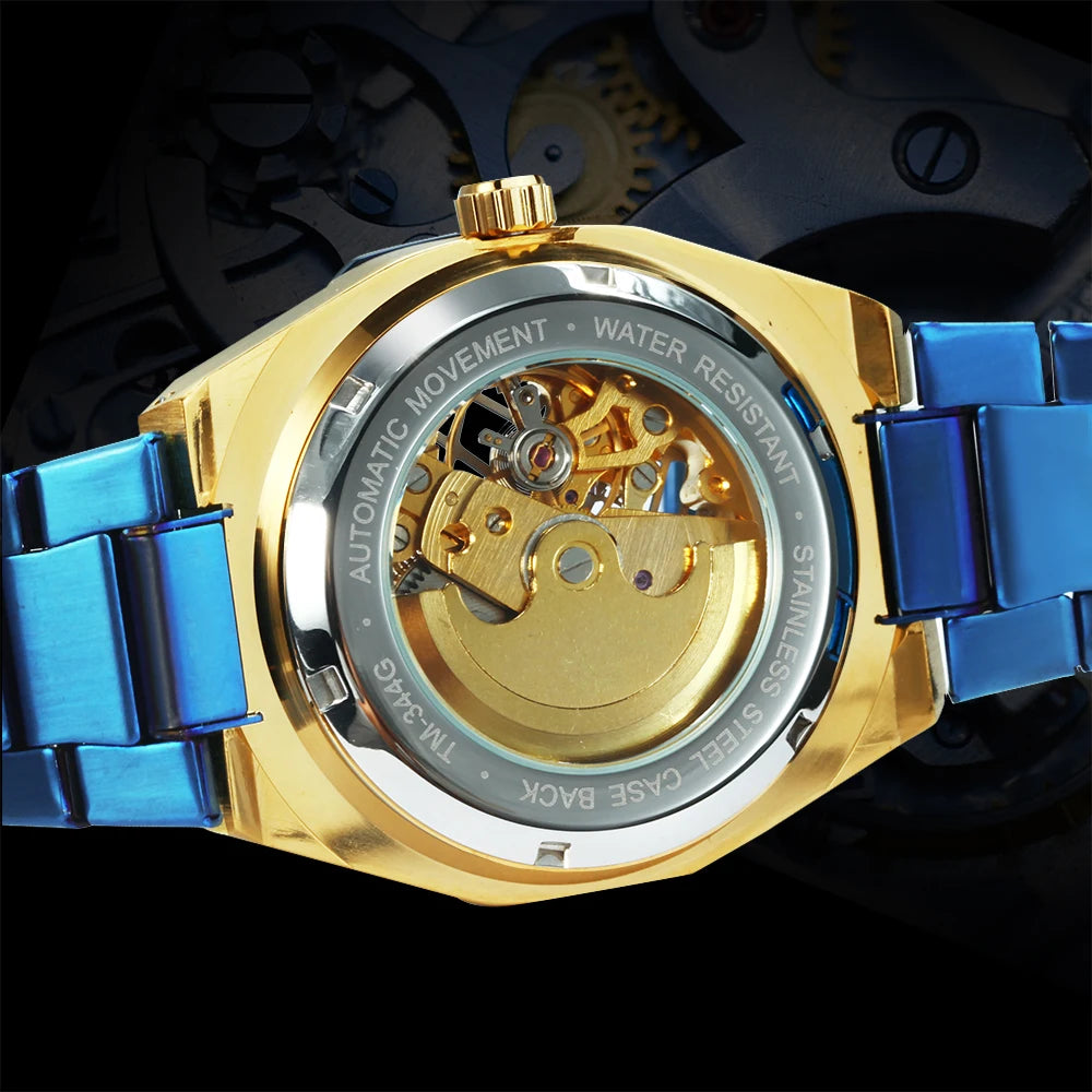 WINNER Black Gold Skeleton Mechanical Watches for Men Fashion irregular Automatic Watch Luxury Brand Stainless Steel Strap 2023