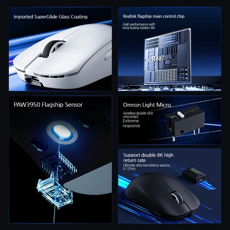MCHOSE L7 Ultra+ Rato de Mão Médio Grande para Gaming e E-Sports Paw3950 Sem Fios de Três Modos, Leve, para Escritório, Rato de Computador Dual-Drive