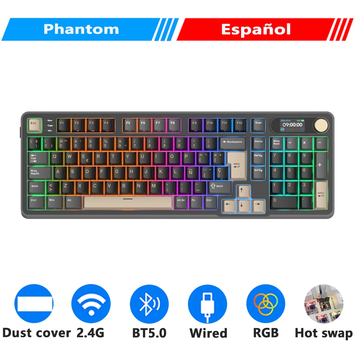 RK ROYAL KLUDGE S98 Mechanical Keyboard Top Mount TFT Screen 98 Keys RGB BT5.0/2.4G/USB-C Wireless Gamer Keyboard Hot Swappable