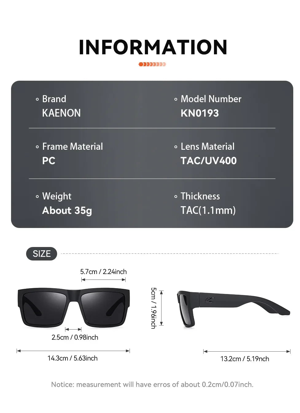 KAENON Fashion Square – univerzální polarizované sluneční brýle pro muže i ženy, vhodné pro sport, rybaření a řízení, s ochranou UV400