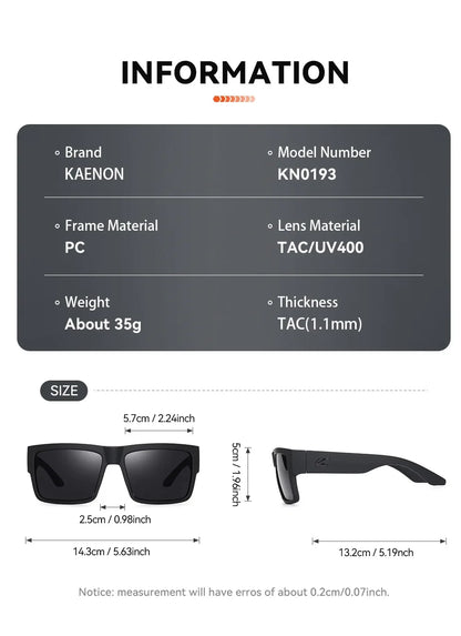 KAENON Fashion Square – univerzální polarizované sluneční brýle pro muže i ženy, vhodné pro sport, rybaření a řízení, s ochranou UV400