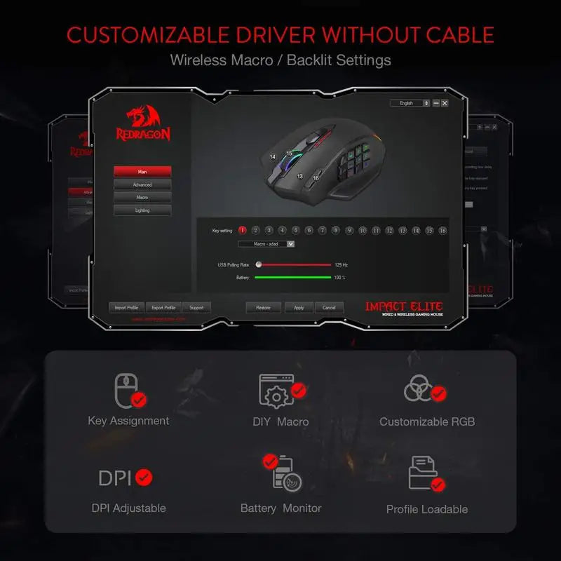 Redragon M913 Gaming-Maus, 16000 DPI, kabelgebunden und kabellos 2.4Ghz, optisch, RGB, 16 programmierbare Tasten, Schwarz/Weiß