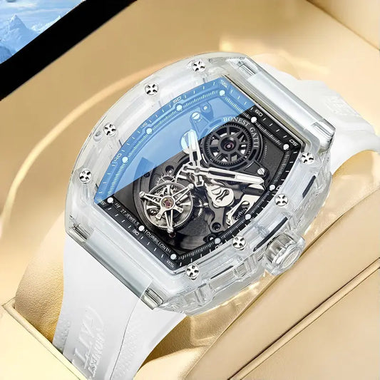 BONEST GATTI Luxury Men's Automatic Tourbillon Watch Hollow Out Dial Crystal Case Sapphire Luminous Rubber Strap Wristwatch