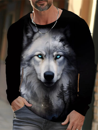 The Wolf Graphic Men's Long Sleeve T-shirt for Men Clothing Casual Top Tee Shirt Fashion Animal 3D Full Printing Streetwear