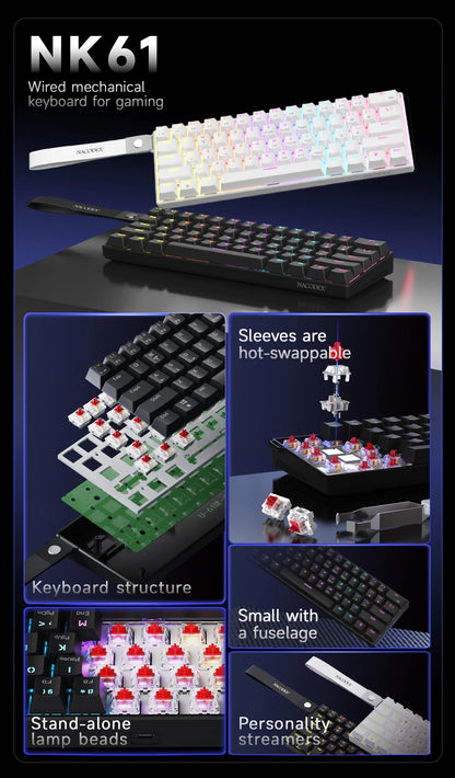 Ajazz NK61 Wired Mechanical Gaming Keyboard 61 Keys RGB Hot-Swap Mixed Color Red Switch Compatible with Win/Mac for Gamers