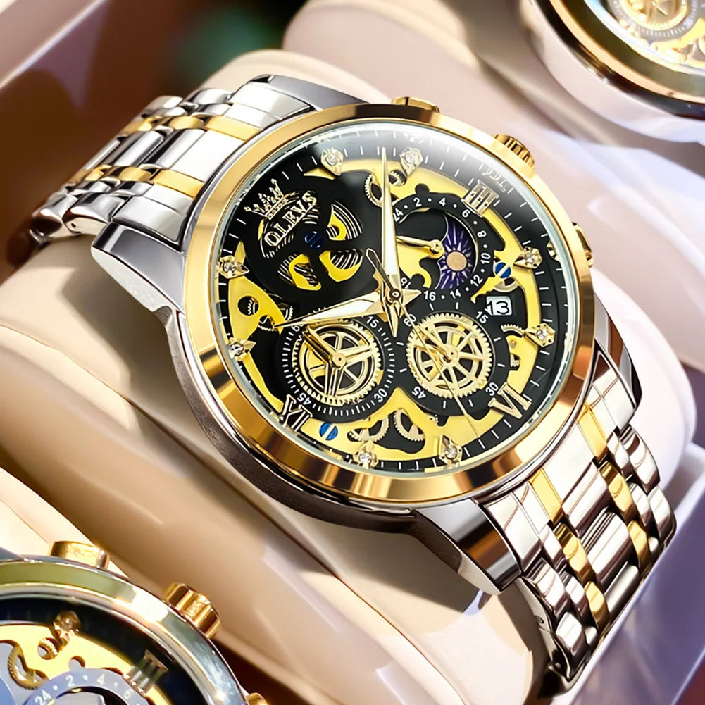OLEVS men’s watch – Luxury model, water-resistant, quartz, skeletonised style, 24-hour display (day/night), gold colour