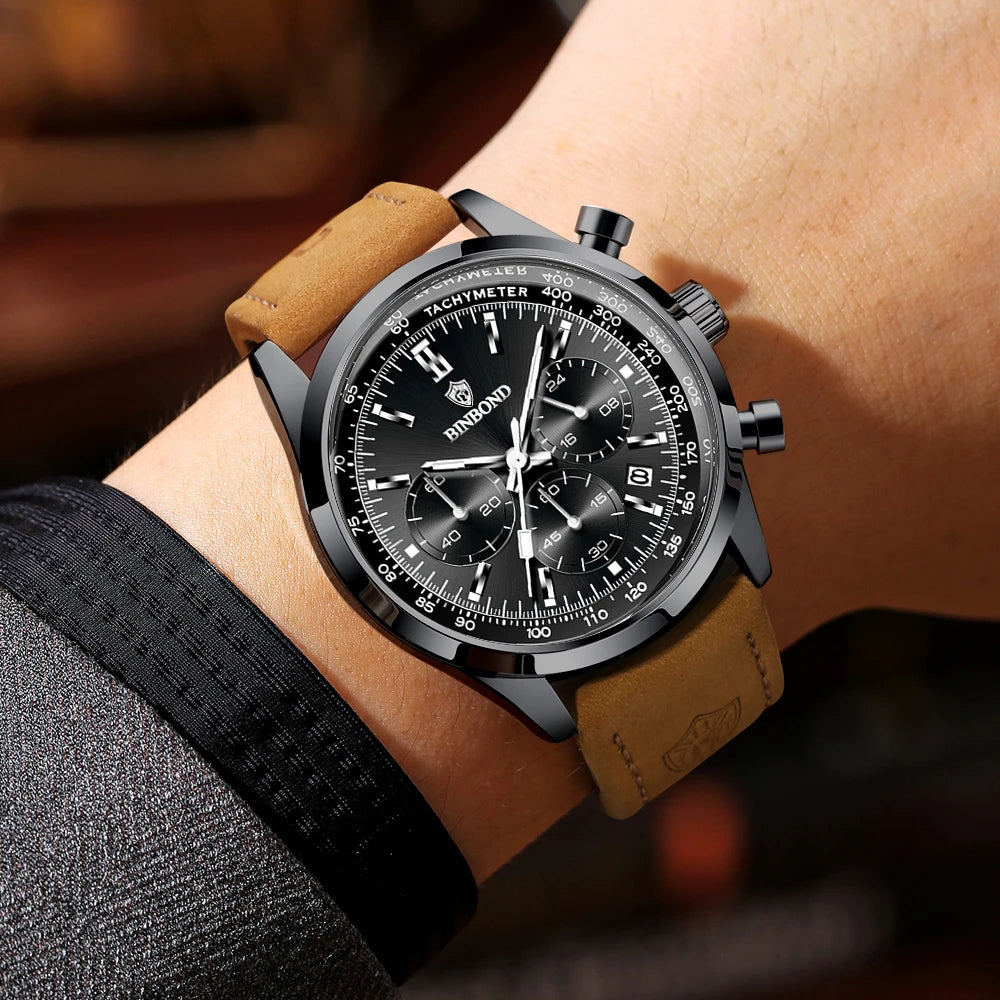 Robuste und präzise BINBOND-Quarz-Chronographenuhr für Herren, luxuriös, mit automatischer Datumsanzeige, Leuchtzeiger und wasserdicht, im lässigen Stil.