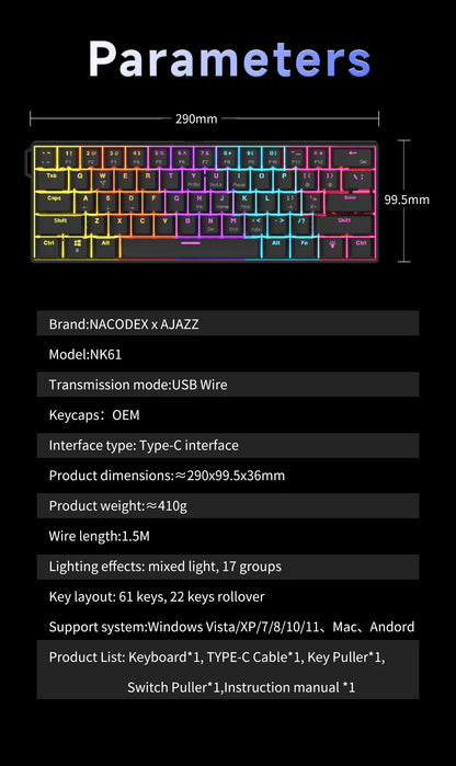 Ajazz NK61 Wired Mechanical Gaming Keyboard 61 Keys RGB Hot-Swap Mixed Color Red Switch Compatible with Win/Mac for Gamers