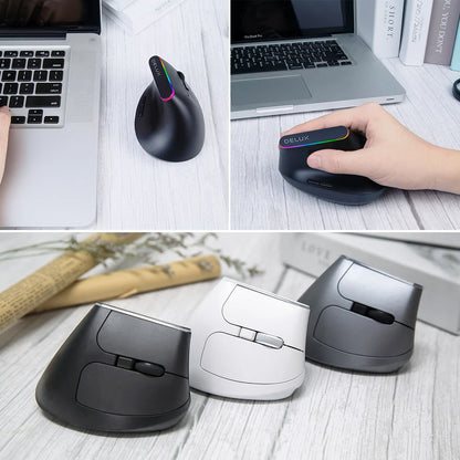 Delux  Ergonomic Vertical Mouse Rechargeable Wireless RGB Mouse Bluetooth 2.4G  4000DPI Gaming Silent Mice For Laptop PC