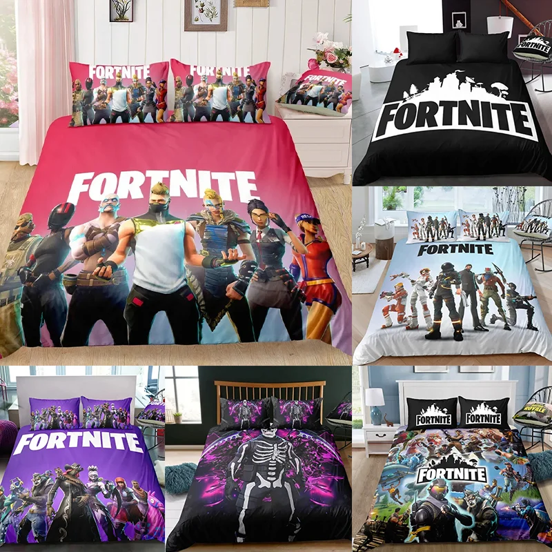 Fortnite-Bettwäsche-Set, Bettbezug, 3-teilig, 3D-bedruckte Schlafzimmer-Bettwäsche, Game-Anime-Cartoon-Kissenbezug, Zimmerdekoration, Geschenk