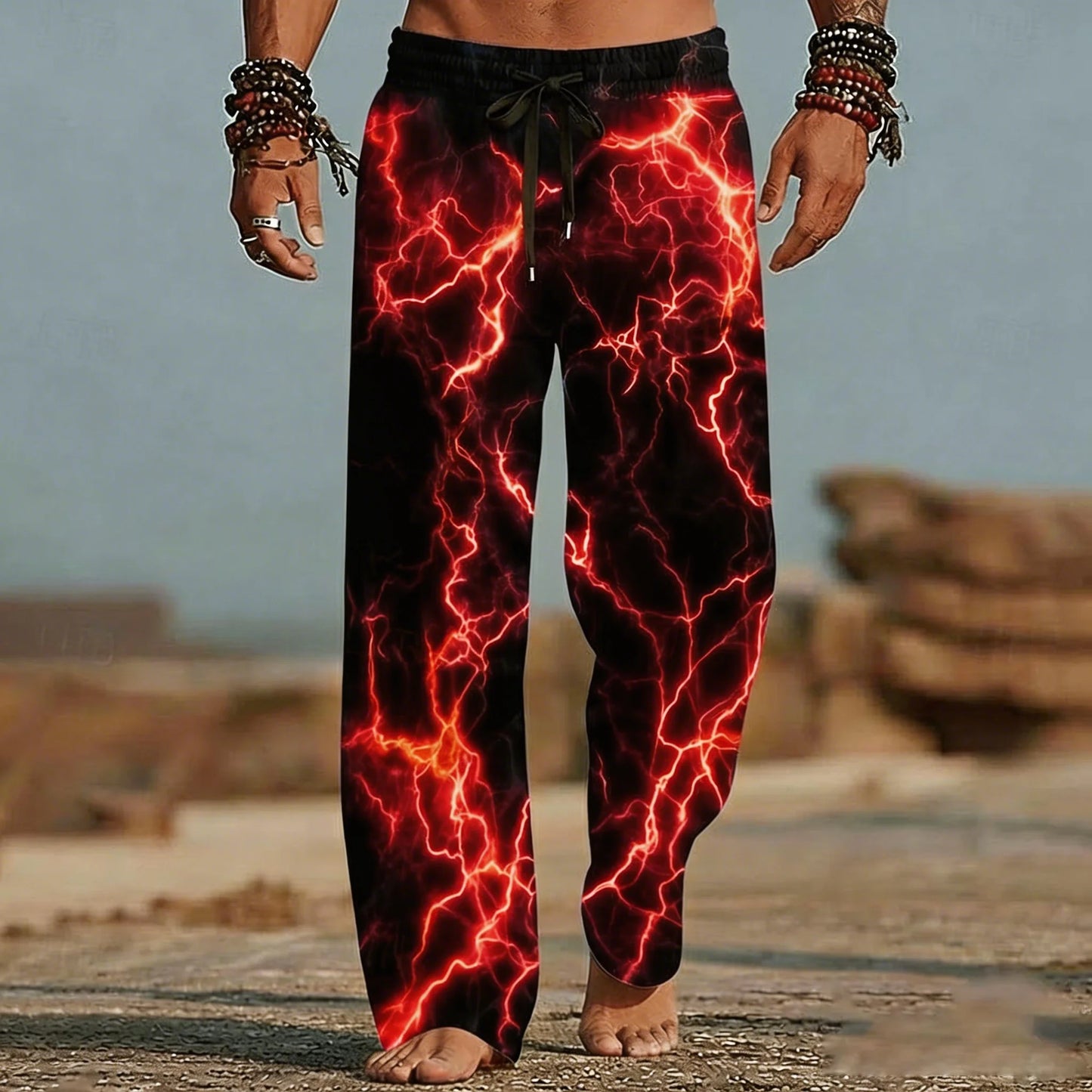 Men's Beach Pants Lightning Pattern 3D Print  Wide Leg Elastic Waist Drawstring Casual Summer Vacation Loose Breathable Trousers