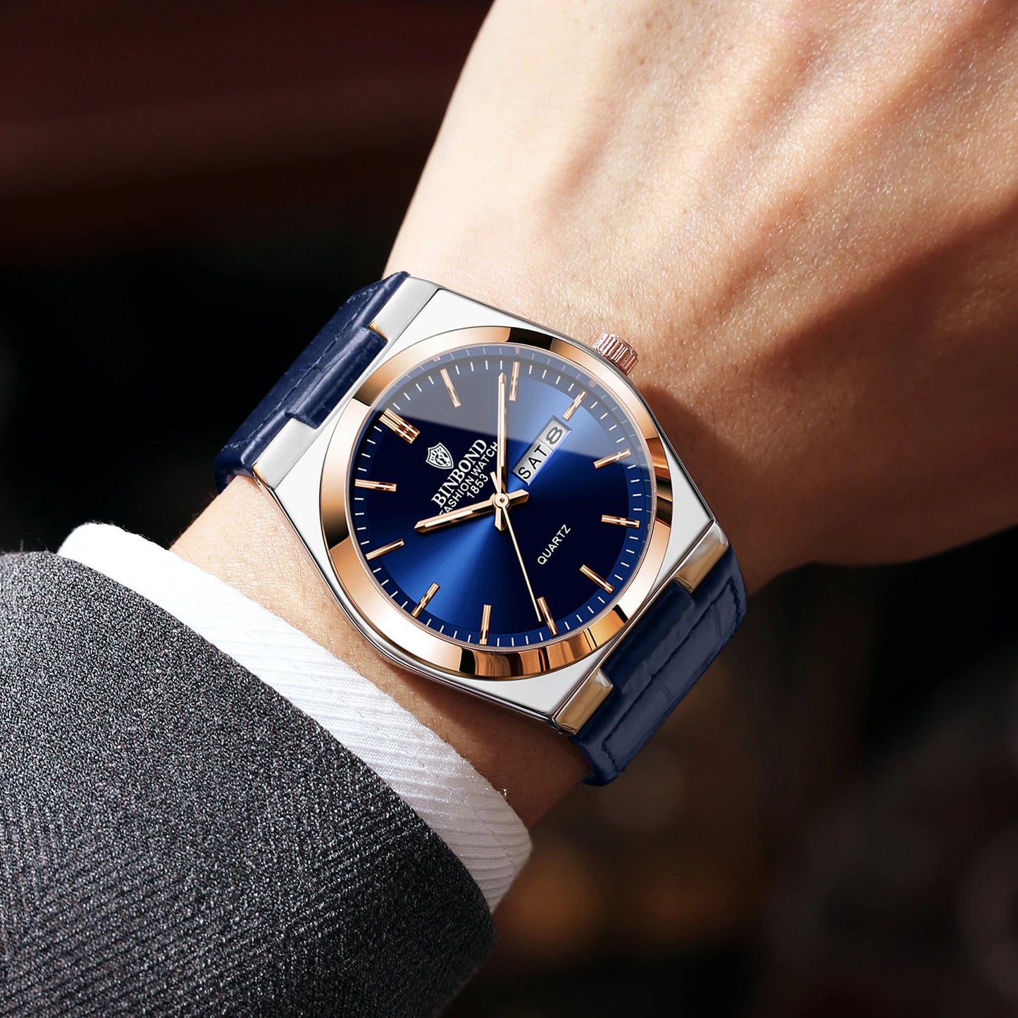 BINBOND Luxury leather strap quartz wristwatches precise luminous waterproof auto date week display durable men's watch reloj