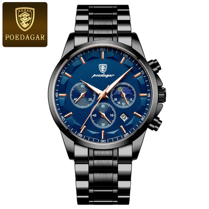 Orologio da polso di lusso da uomo POEDAGAR, stile militare, impermeabile, luminescente, cronografo, in acciaio inossidabile, al quarzo, con custodia.
