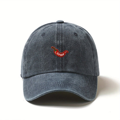 1pc Retro Washed Baseball Caps for Women,with Chili Pepper Embroidery,Adjustable Snapback,Lightweight Breathable for Daily Wear