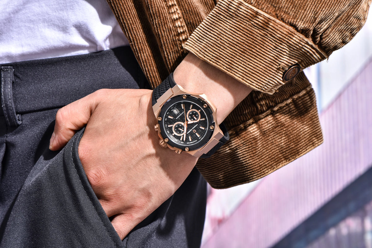 PAGANI DESIGN Men's Watches Luxury Rose Gold Sport Chronograph Japan VK64 Quartz Watch For Men Fluororubber Strap Wristwatch Men