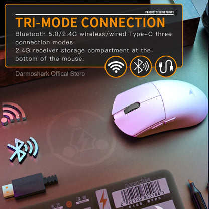 Rato Gaming Darmoshark M3Pro 2.4G BT sem fios Tri-Mode, sensor PAW3395, N52840, 26000DPI, rato com driver macro para mãos grandes e gaming