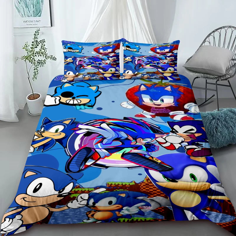 3-Piece Duvet Cover Set – Sonic Cartoon Bedding Set – Duvet Cover for Kids and Teens – Gifts & Bedroom Decor King Queen