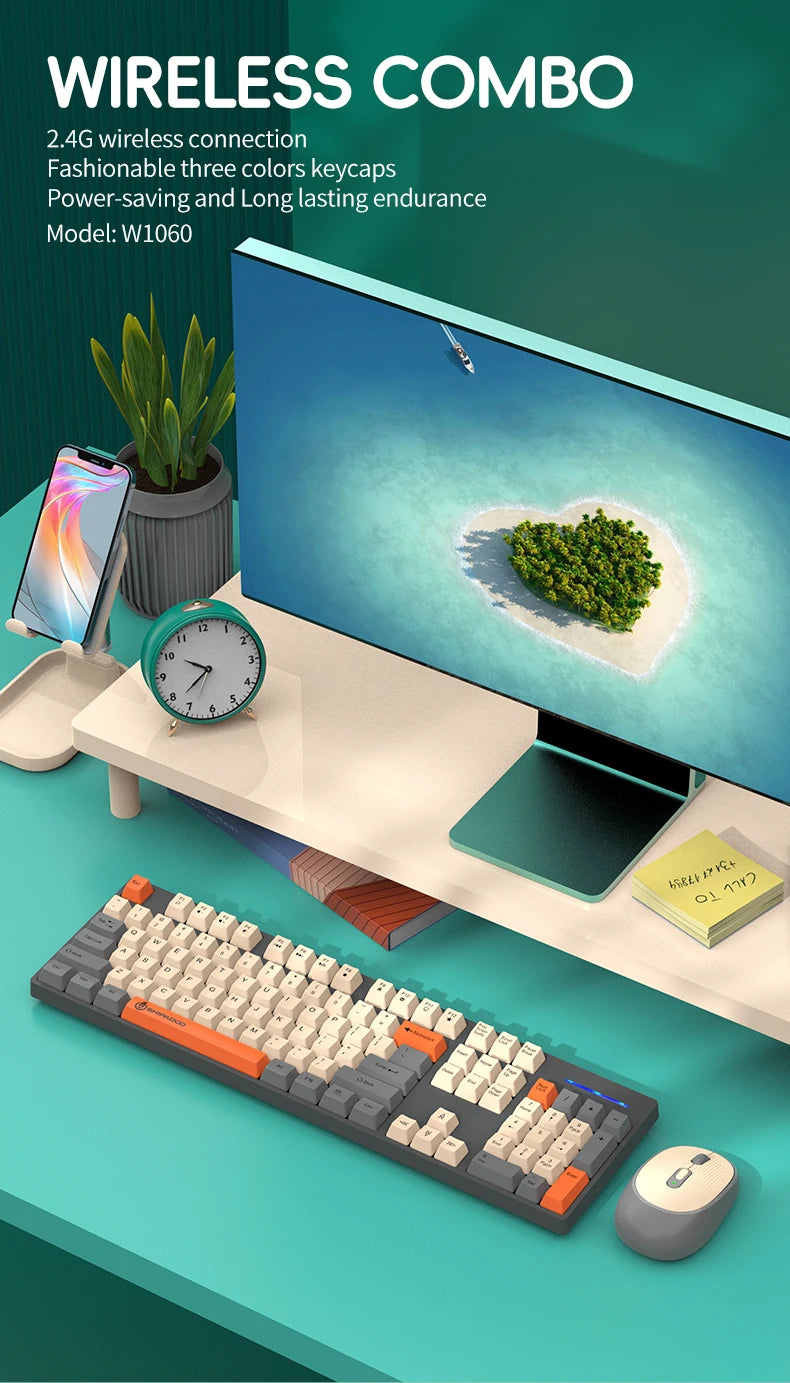 NexusClick kabelloses Gaming- und Office-Tastatur-Maus-Set, intelligente Energiesparfunktion, Full Size, 104 Tasten, 1600DPI einstellbar, USB für Laptop und PC