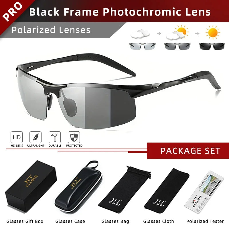 CLLOIO Hliníkové bezrámové fotochromatické sluneční brýle pro muže, polarizované, řidičské, chameleonové, protisvětelné, cestovní, rybářské, UV400