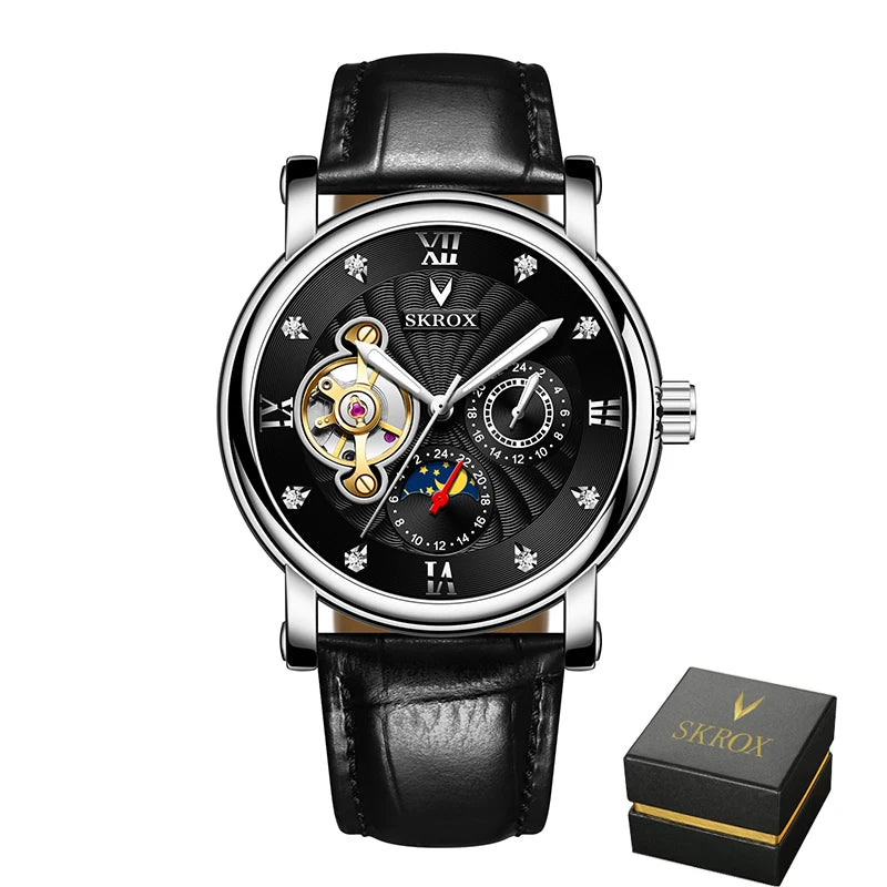 Relógio mecânico automático de luxo para homem, de uma grande marca, equipado com um turbilhão, uma fase lunar e diamantes – um elegante relógio de pulso.