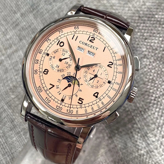 Automatic Watch for Men Multifunction Date Day Month Year 316L Mechanical Men's Watch Polished Case Day/Night Indicator 42mm