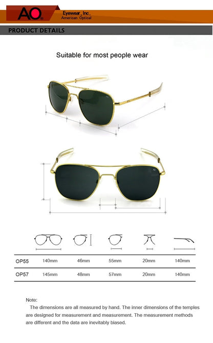 Occhiali da sole Pilot AO da uomo, marca di alta qualità, design AGX, lenti in vetro temperato, occhiali da sole da uomo