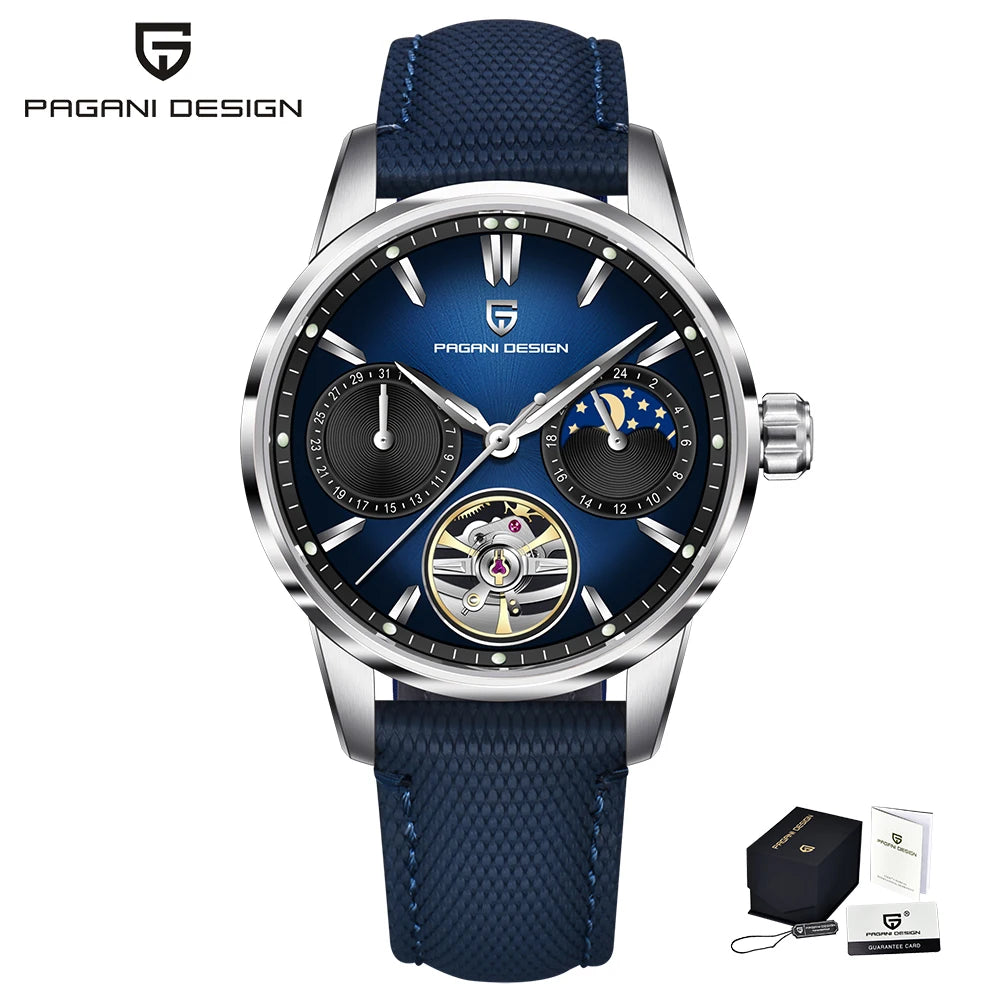 PAGANI DESIGN – Orologio meccanico di lusso da uomo, 41 mm, vetro zaffiro, cinturino in pelle, impermeabile, stile pilota, con tourbillon e fasi lunari
