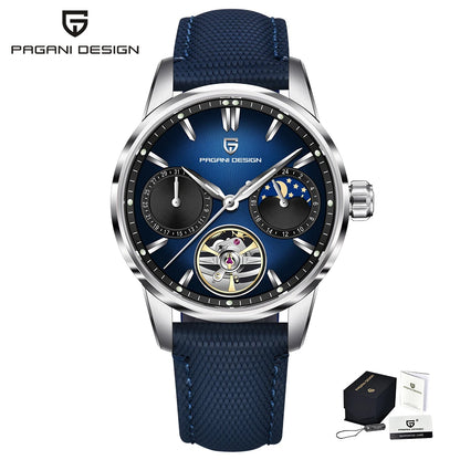 PAGANI DESIGN – Orologio meccanico di lusso da uomo, 41 mm, vetro zaffiro, cinturino in pelle, impermeabile, stile pilota, con tourbillon e fasi lunari