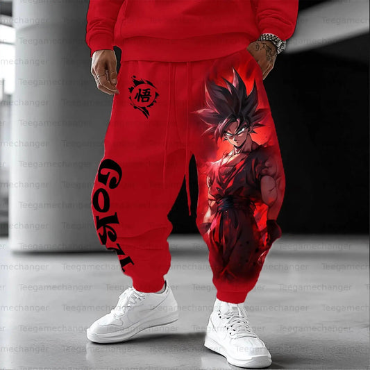 DRAGON BALL Goku Red Hoodie and Jogger Pants Set Men Women Anime Character Print Two Piece Outfit with Black Wu Kanji Design