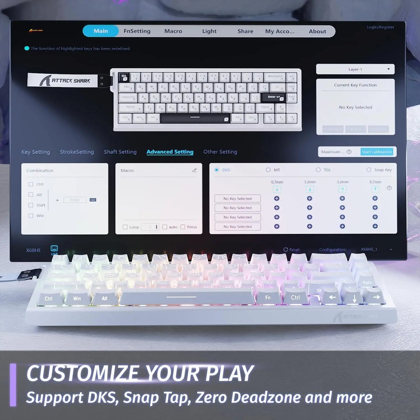 ATTACK SHARK X68 HE Teclado gaming mecânico Rapid Trigger 60% com fios, atuação ajustável, interruptores magnéticos Hall Effect, 8KH