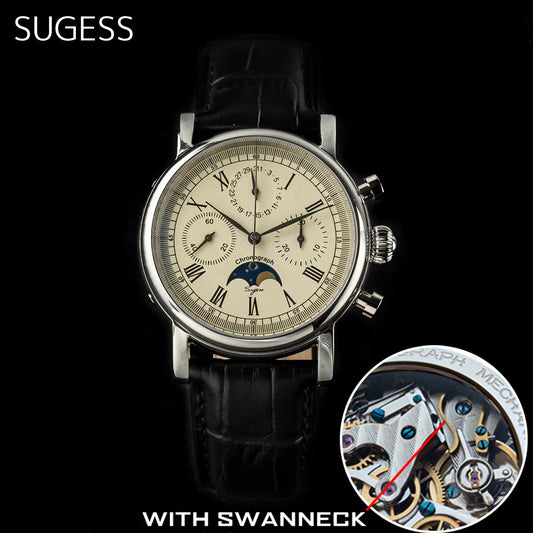 Sugess Men's Watch ST1908 Swanneck Movement Mechanical Chronograph Wristwatch Genuine Moonphase Calendar Vintage Leather NEW 2023