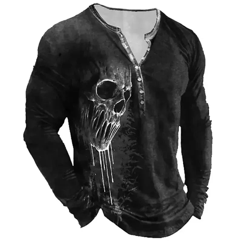 Autumn Skull Henley Shirt 3D Print Streetwear Men's Fashion Vintage Long Sleeve Button T Shirt Men's T Shirt Tops Clothing