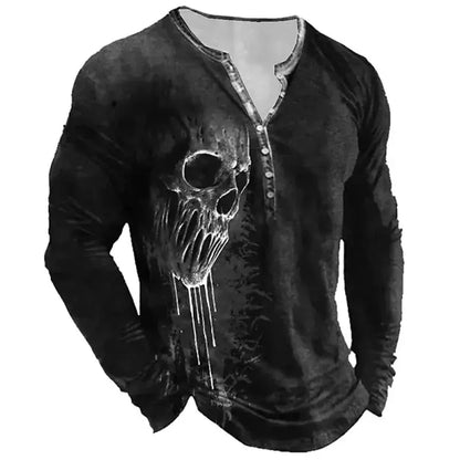 Autumn Skull Henley Shirt 3D Print Streetwear Men's Fashion Vintage Long Sleeve Button T Shirt Men's T Shirt Tops Clothing
