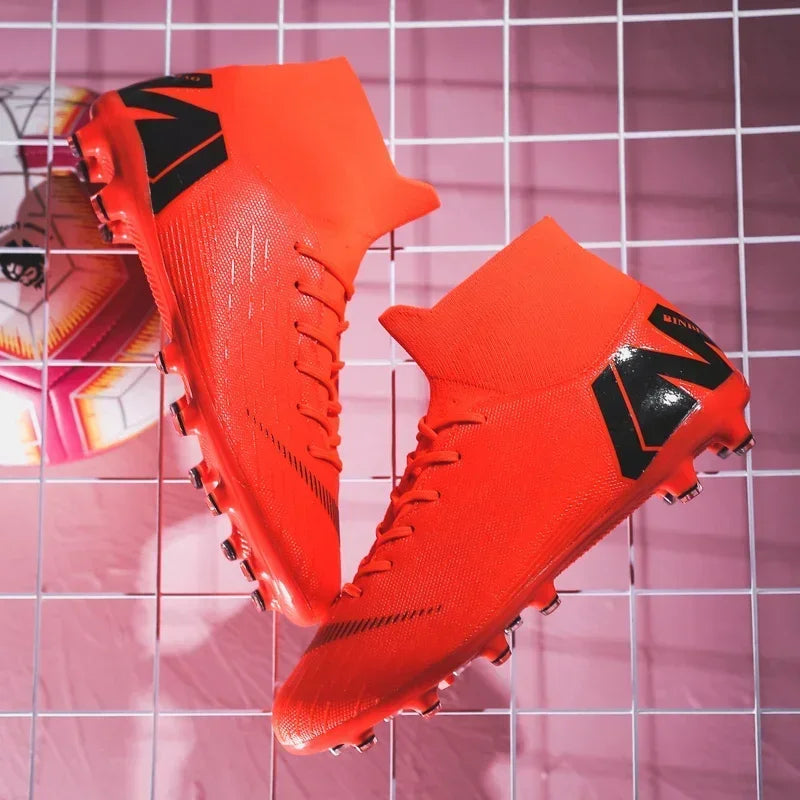 Crampons de Football pour hommes, bottes de Football, crampons d'entraînement, professionnels, résistants à l'usure, antidérapants, longues pointes TF/FG, rouge, nouveau