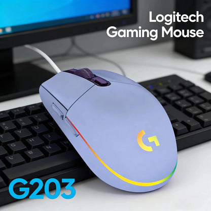 Logitech G102 G203 laidinė žaidimų pelė, 2.1 metro ilgio laidas, 8000 DPI, RGB efektai, skirta PC, nešiojamajam kompiuteriui, biurui ir gamer’iams, lanksti