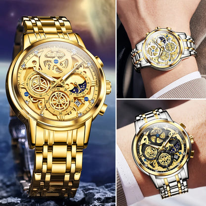 OLEVS men’s watch – Luxury model, water-resistant, quartz, skeletonised style, 24-hour display (day/night), gold colour