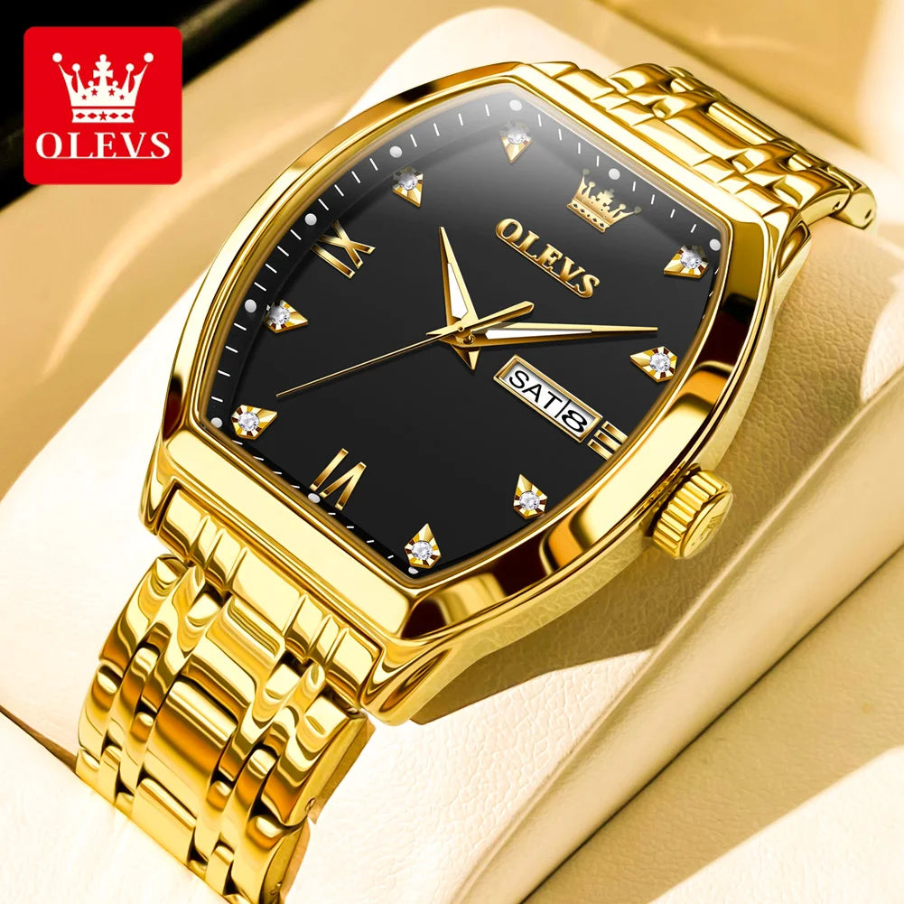 Reloj para hombre OLEVS, modelo de lujo con forma de barril, reloj de cuarzo de una marca de prestigio, resistente al agua, con indicador de día y fecha, y agujas luminiscentes.
