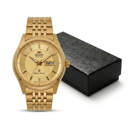 Mekanisk automatisk herrklocka från Orient, med dubbel kalender (datum och veckodag), kristallindex och armband i rostfritt stål – Armbandsur i affärsstil