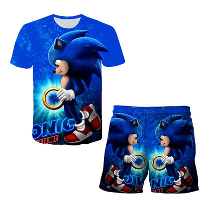 2026 Sonic The Hedgehog 3D T-shirt Set for Boys and Girls: Cute Summer Top + Shorts - Children's Short-Sleeve Birthday Gift